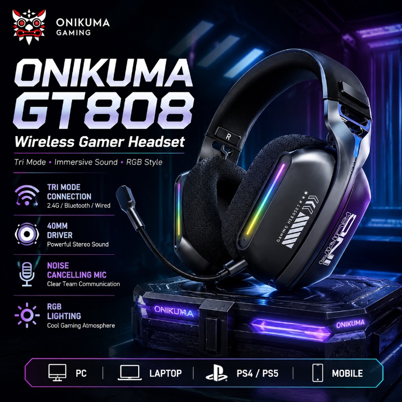 Audiophile Headphone Wired - ONIKUMA GT808 Headset Gaming Nirkabel Tri
